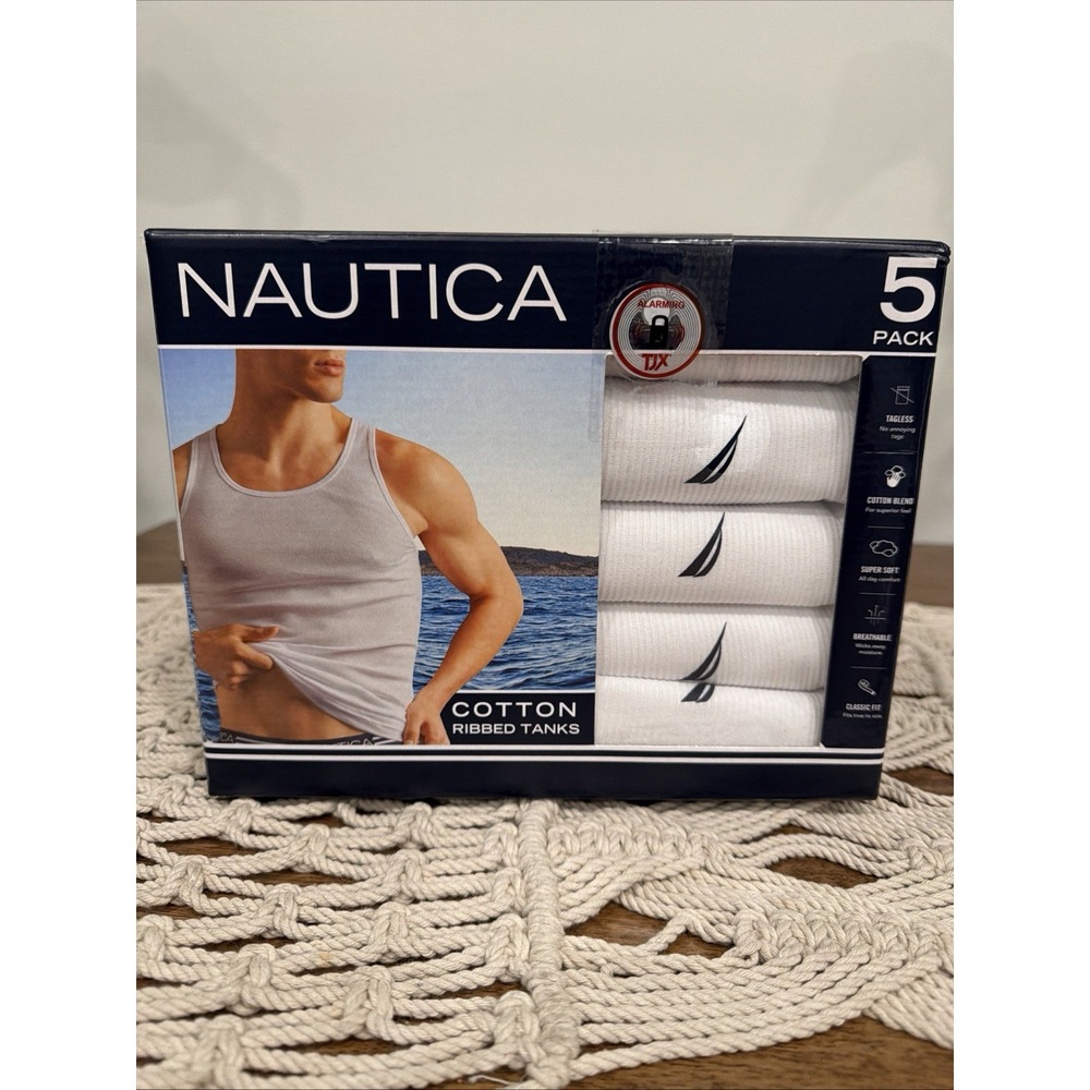 Nautica Ribbed Tank Tops Men's Medium 5 Pack White Classic Fit Cotton Blend NEW